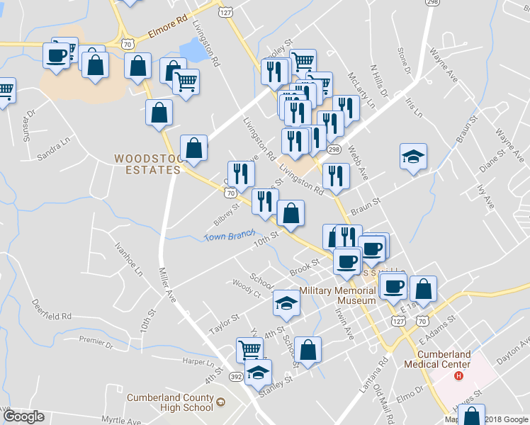 map of restaurants, bars, coffee shops, grocery stores, and more near 660 West Avenue in Crossville