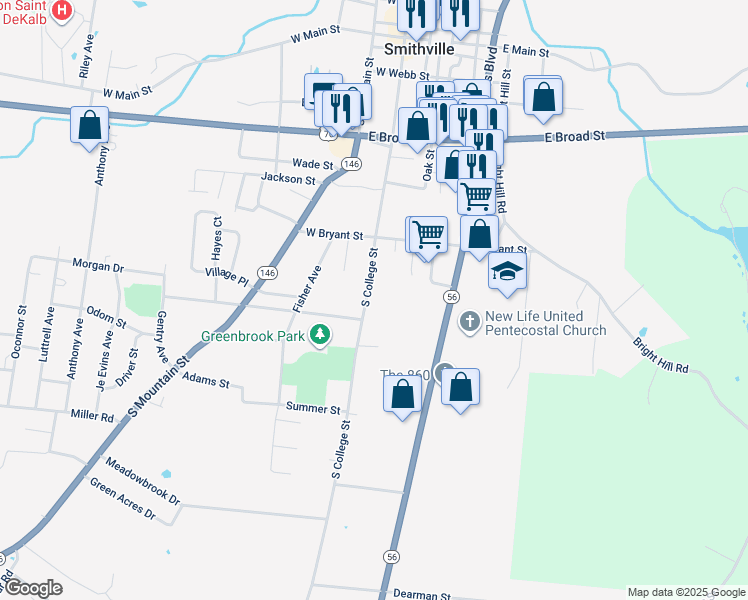 map of restaurants, bars, coffee shops, grocery stores, and more near 718 South College Street in Smithville