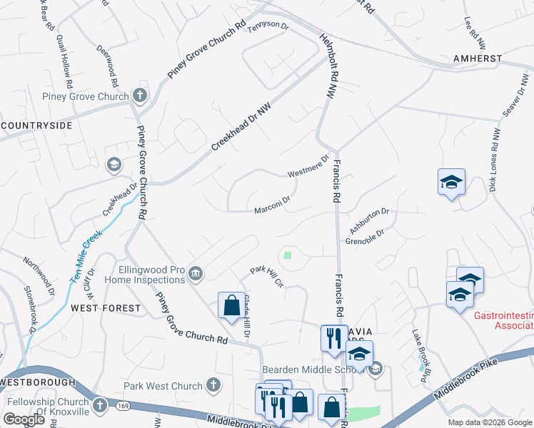 map of restaurants, bars, coffee shops, grocery stores, and more near 1512 Marconi Drive in Knoxville