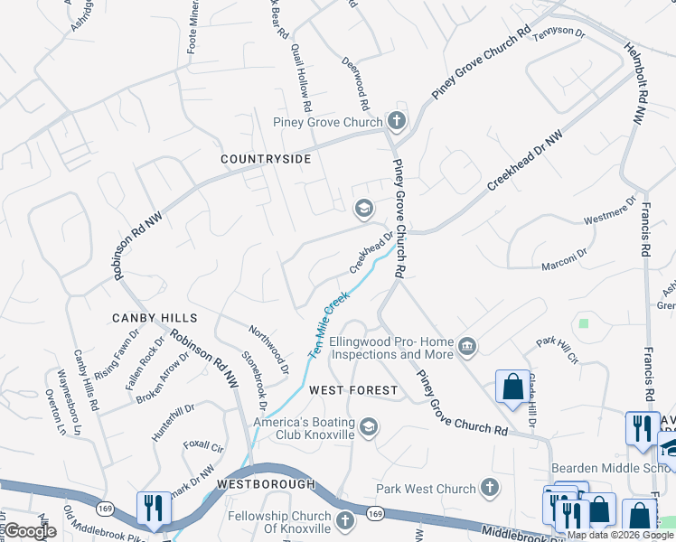 map of restaurants, bars, coffee shops, grocery stores, and more near 6663 Creekhead Drive in Knoxville