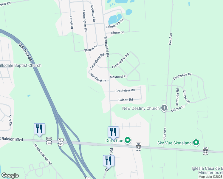 map of restaurants, bars, coffee shops, grocery stores, and more near 1310 Springfield Road in Rocky Mount