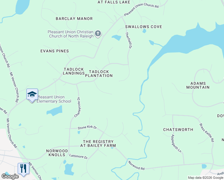 map of restaurants, bars, coffee shops, grocery stores, and more near 6100 Weobley Lane in Raleigh