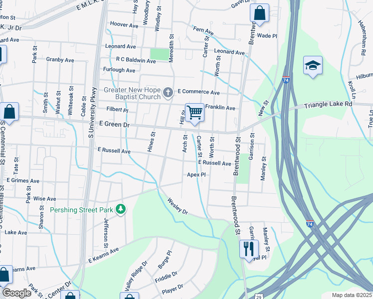 map of restaurants, bars, coffee shops, grocery stores, and more near 619 Arch Street in High Point