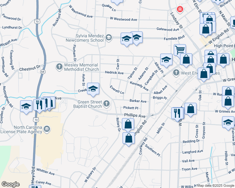 map of restaurants, bars, coffee shops, grocery stores, and more near 501 Everett Lane in High Point