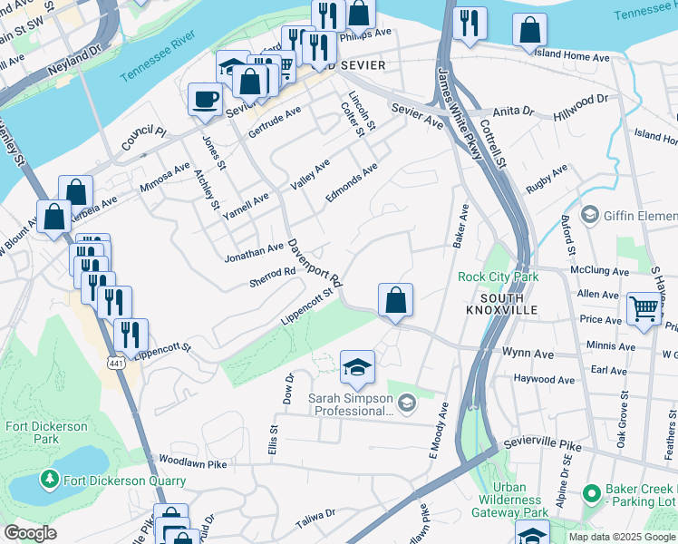 map of restaurants, bars, coffee shops, grocery stores, and more near 2728 Davenport Road in Knoxville