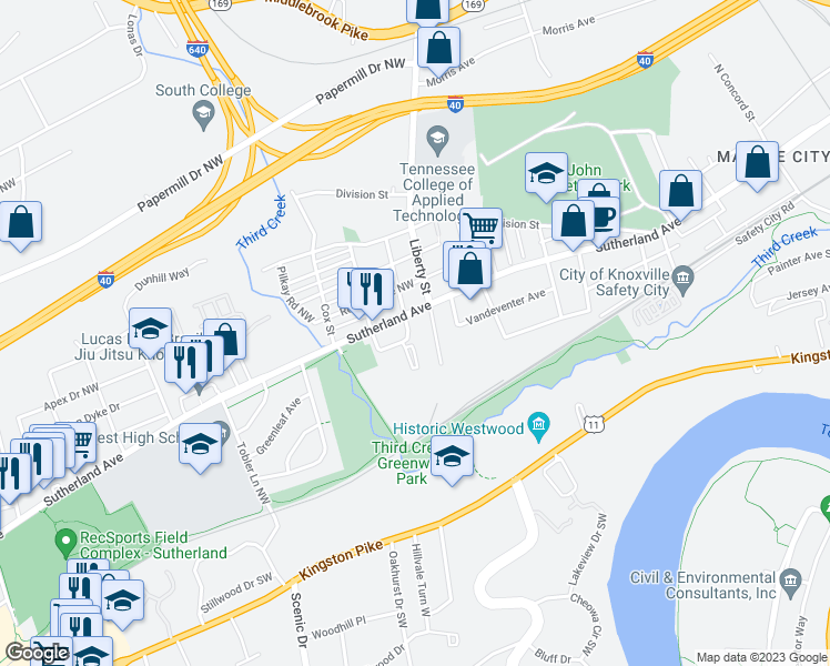 map of restaurants, bars, coffee shops, grocery stores, and more near 410 Harry Street in Knoxville