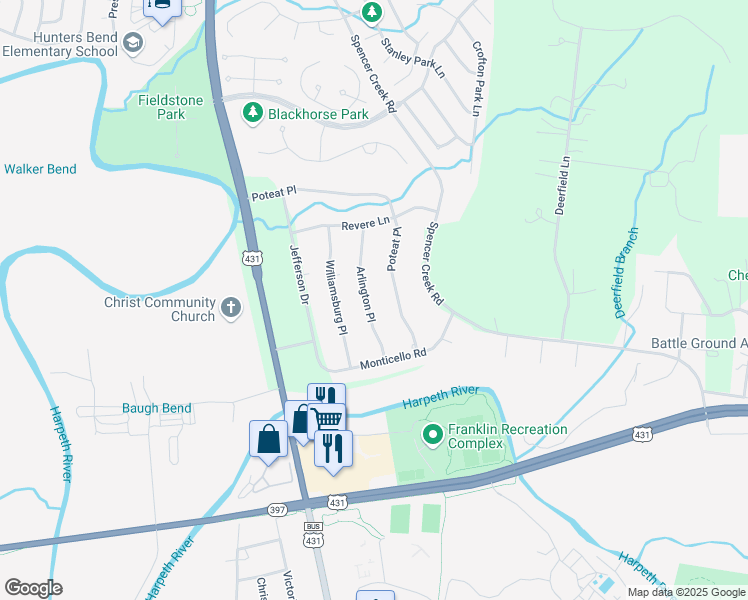 map of restaurants, bars, coffee shops, grocery stores, and more near 110 Arlington Place in Franklin