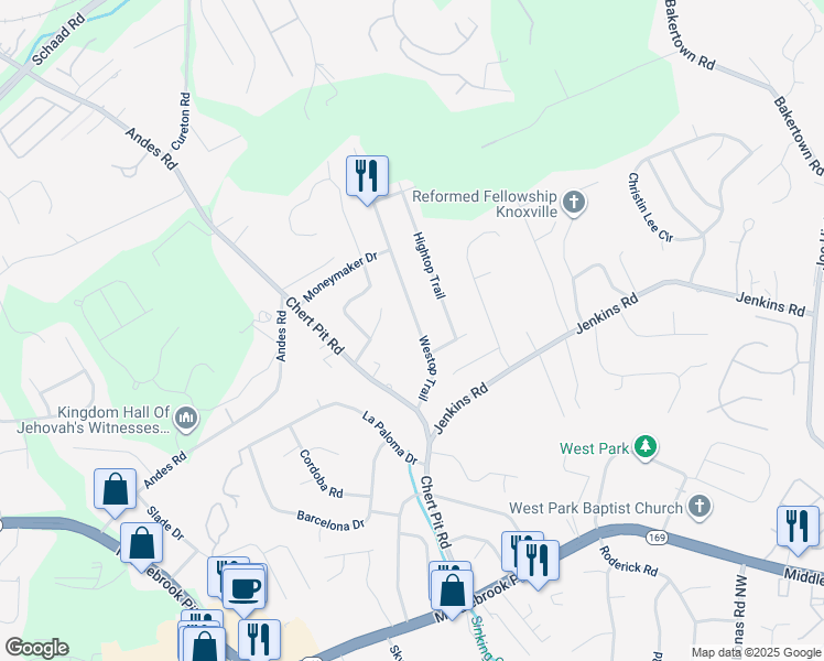 map of restaurants, bars, coffee shops, grocery stores, and more near 1513 Westop Trail in Knoxville