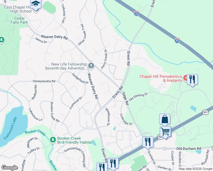 map of restaurants, bars, coffee shops, grocery stores, and more near 201 River Birch Lane in Chapel Hill