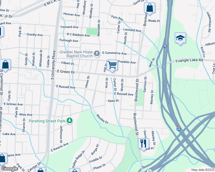map of restaurants, bars, coffee shops, grocery stores, and more near 619 Arch Street in High Point