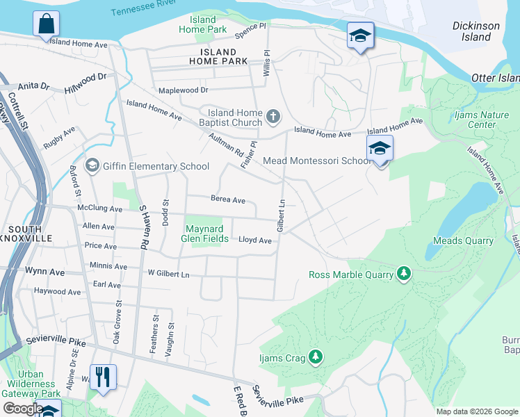 map of restaurants, bars, coffee shops, grocery stores, and more near 2167 Berea Avenue in Knoxville