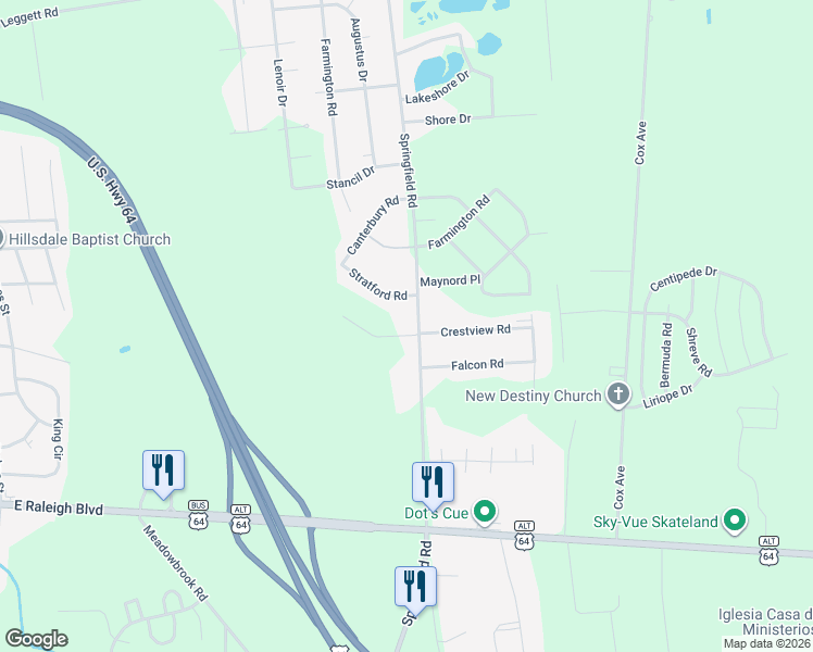 map of restaurants, bars, coffee shops, grocery stores, and more near 1310 Springfield Road in Rocky Mount