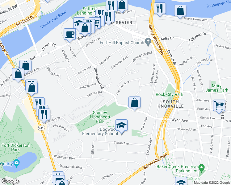 map of restaurants, bars, coffee shops, grocery stores, and more near 2728 Davenport Road in Knoxville