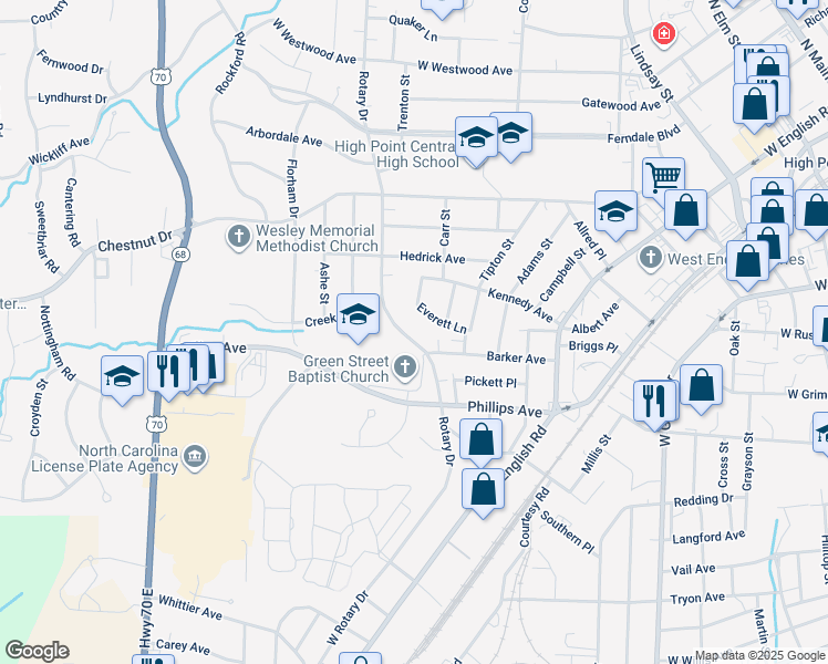 map of restaurants, bars, coffee shops, grocery stores, and more near 410 West Rotary Drive in High Point