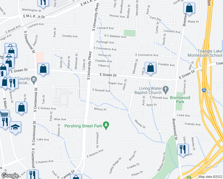 map of restaurants, bars, coffee shops, grocery stores, and more near 1209 East Russell Avenue in High Point