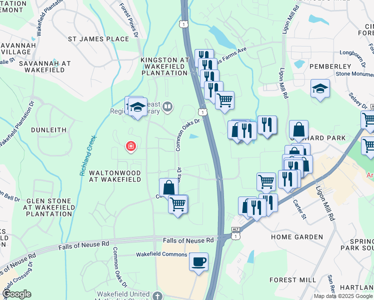 map of restaurants, bars, coffee shops, grocery stores, and more near 11420 Common Oaks Drive in Raleigh