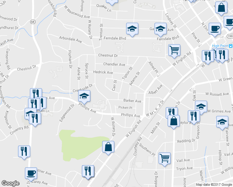 map of restaurants, bars, coffee shops, grocery stores, and more near 501 Everett Lane in High Point