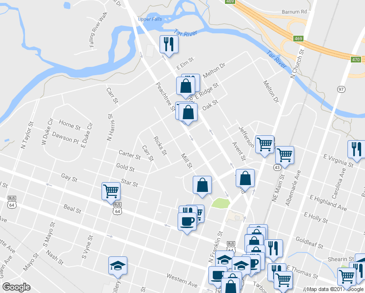 map of restaurants, bars, coffee shops, grocery stores, and more near 721 Mill Street in Rocky Mount