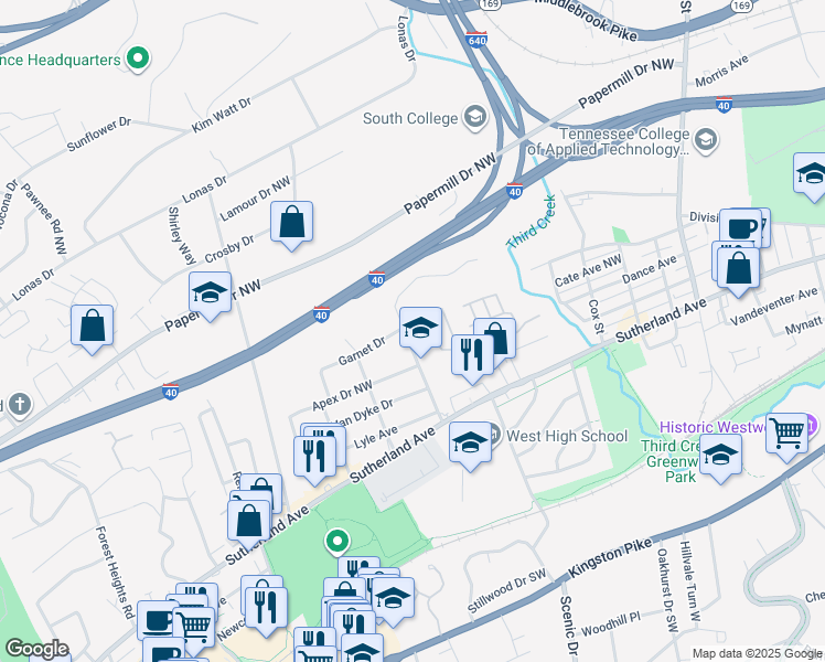 map of restaurants, bars, coffee shops, grocery stores, and more near 720 Washburn Road in Knoxville