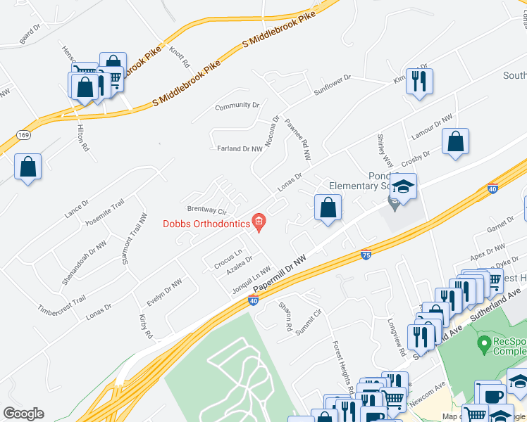 map of restaurants, bars, coffee shops, grocery stores, and more near 1611 Chenoweth Circle in Knoxville