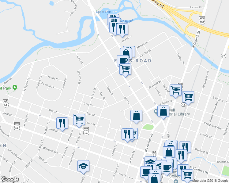 map of restaurants, bars, coffee shops, grocery stores, and more near 315 Trevathan Street in Rocky Mount