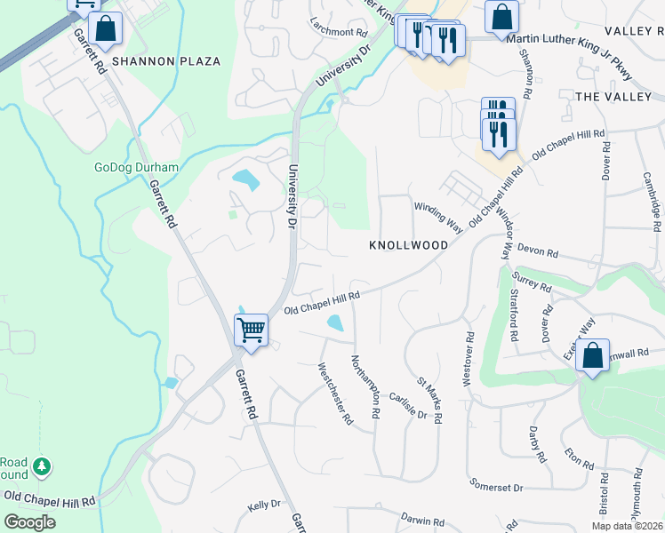 map of restaurants, bars, coffee shops, grocery stores, and more near 28 Knightsbridge Court in Durham