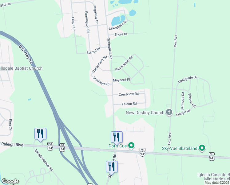 map of restaurants, bars, coffee shops, grocery stores, and more near 1310 Springfield Road in Rocky Mount