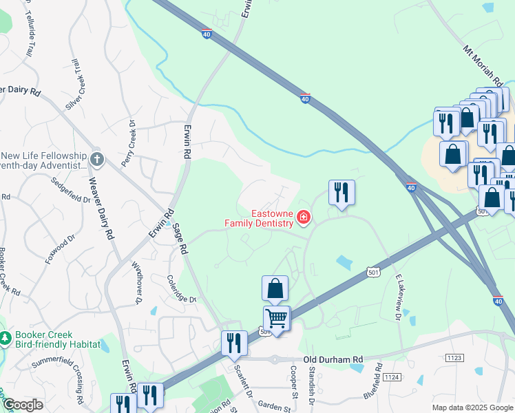 map of restaurants, bars, coffee shops, grocery stores, and more near 8101 Drew Hill Lane in Chapel Hill