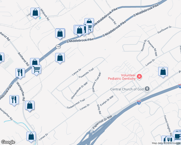 map of restaurants, bars, coffee shops, grocery stores, and more near 5312 Yosemite Trail in Knoxville