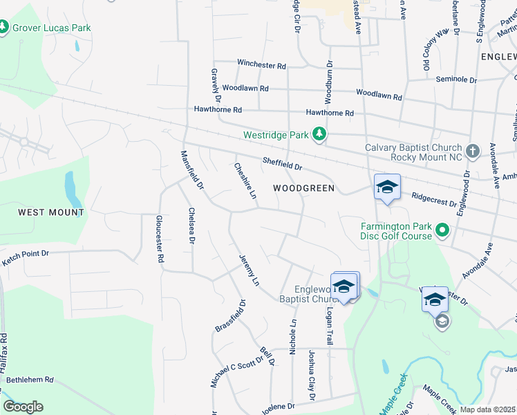 map of restaurants, bars, coffee shops, grocery stores, and more near 3500 Mansfield Drive in Rocky Mount