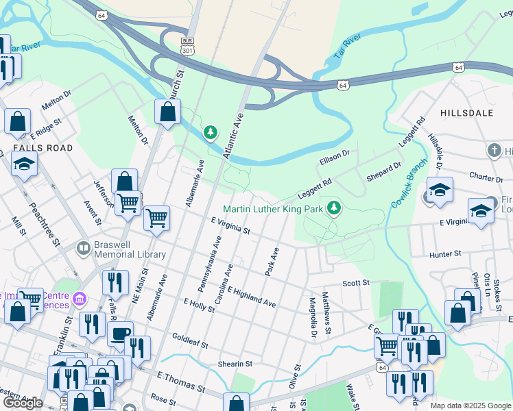 map of restaurants, bars, coffee shops, grocery stores, and more near 731 Carolina Avenue in Rocky Mount