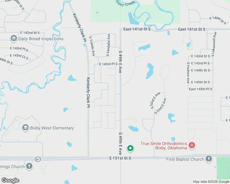 map of restaurants, bars, coffee shops, grocery stores, and more near 14526 South Vandalia Avenue in Bixby