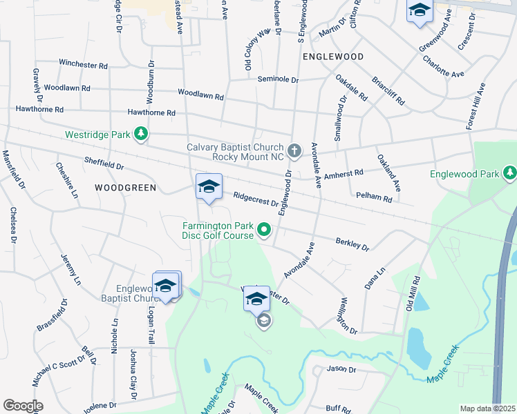map of restaurants, bars, coffee shops, grocery stores, and more near 3117 Ridgecrest Drive in Rocky Mount