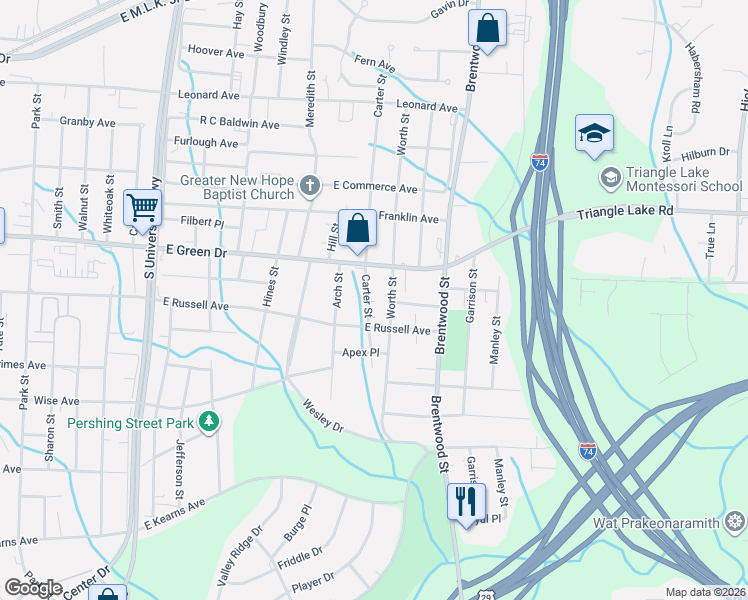 map of restaurants, bars, coffee shops, grocery stores, and more near 1216 Carter Street in High Point