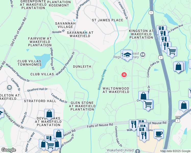 map of restaurants, bars, coffee shops, grocery stores, and more near 12341 Richmond Run Drive in Raleigh
