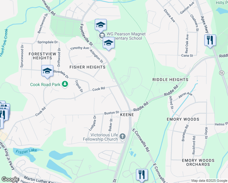 map of restaurants, bars, coffee shops, grocery stores, and more near 3809 Booker Avenue in Durham