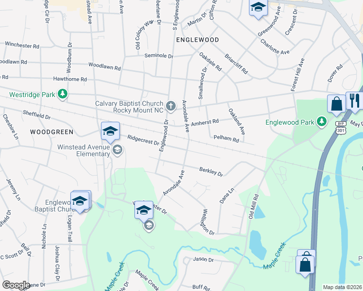 map of restaurants, bars, coffee shops, grocery stores, and more near 3004 Ridgecrest Drive in Rocky Mount