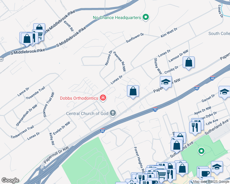 map of restaurants, bars, coffee shops, grocery stores, and more near 1635 Chenoweth Circle in Knoxville