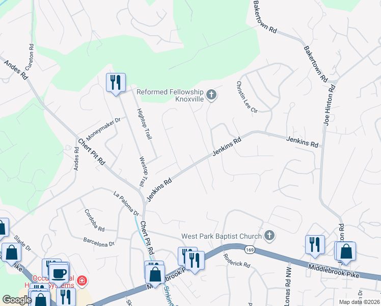 map of restaurants, bars, coffee shops, grocery stores, and more near 7931 Jenkins Road in Knoxville