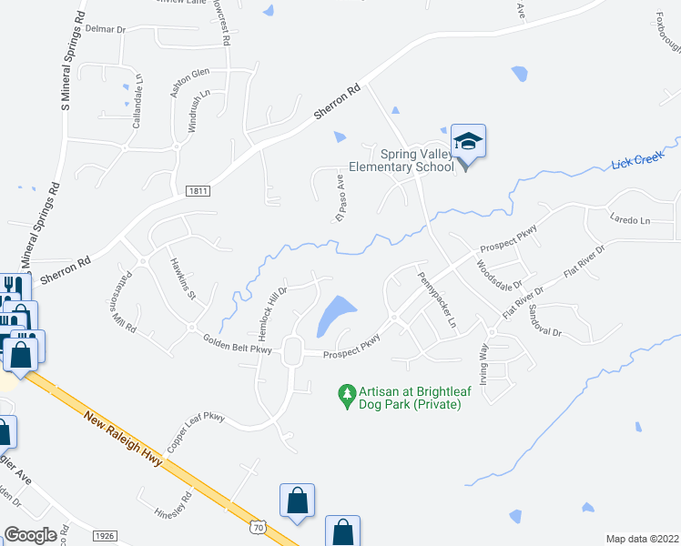 map of restaurants, bars, coffee shops, grocery stores, and more near 1404 Hemlock Hill Drive in Durham