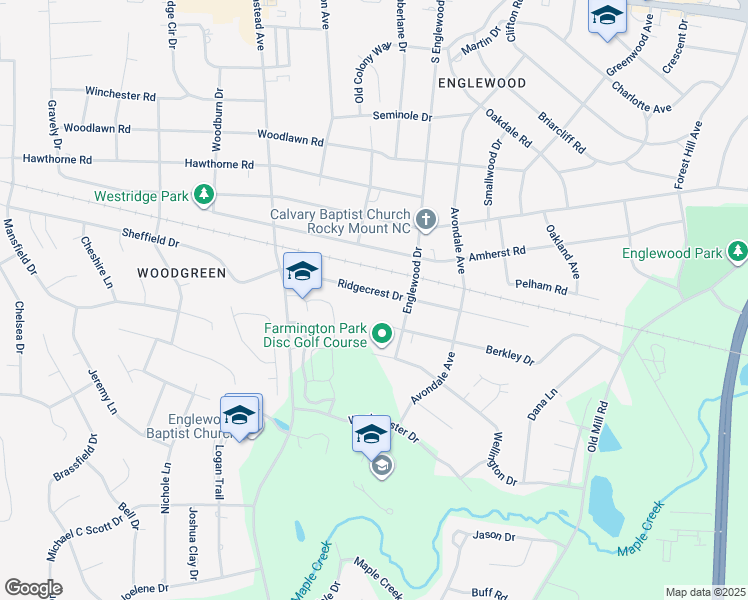 map of restaurants, bars, coffee shops, grocery stores, and more near 3117 Ridgecrest Drive in Rocky Mount