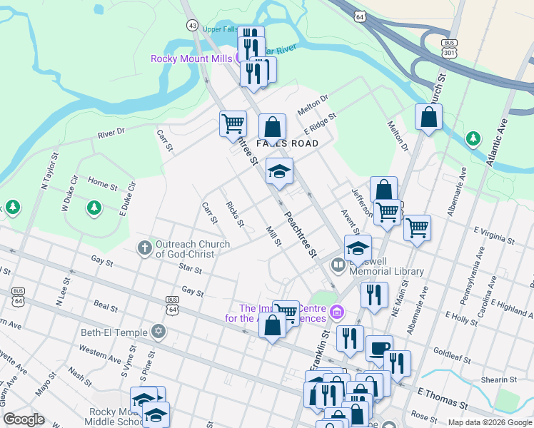 map of restaurants, bars, coffee shops, grocery stores, and more near 721 Mill Street in Rocky Mount