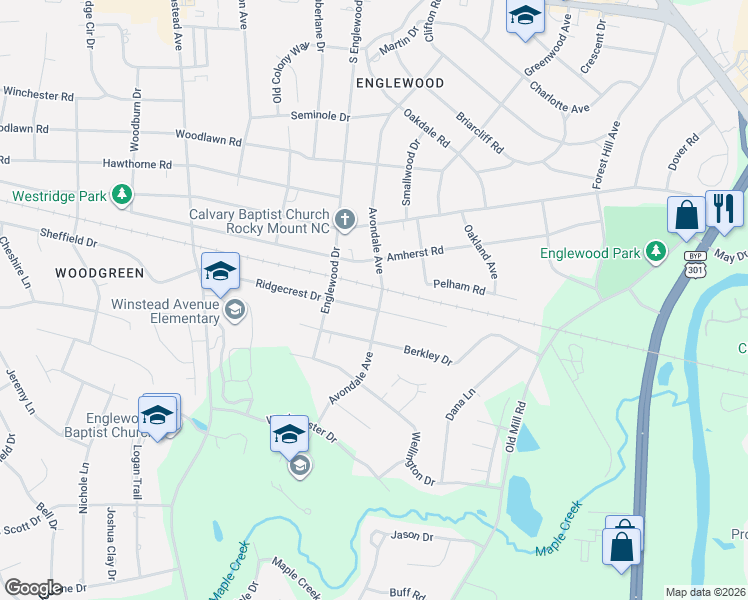 map of restaurants, bars, coffee shops, grocery stores, and more near 3004 Ridgecrest Drive in Rocky Mount