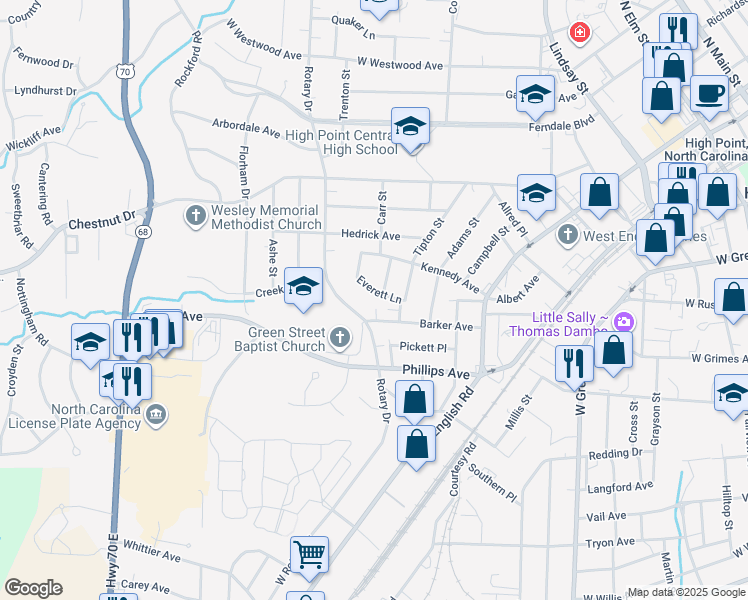 map of restaurants, bars, coffee shops, grocery stores, and more near 410 Rotary Drive in High Point