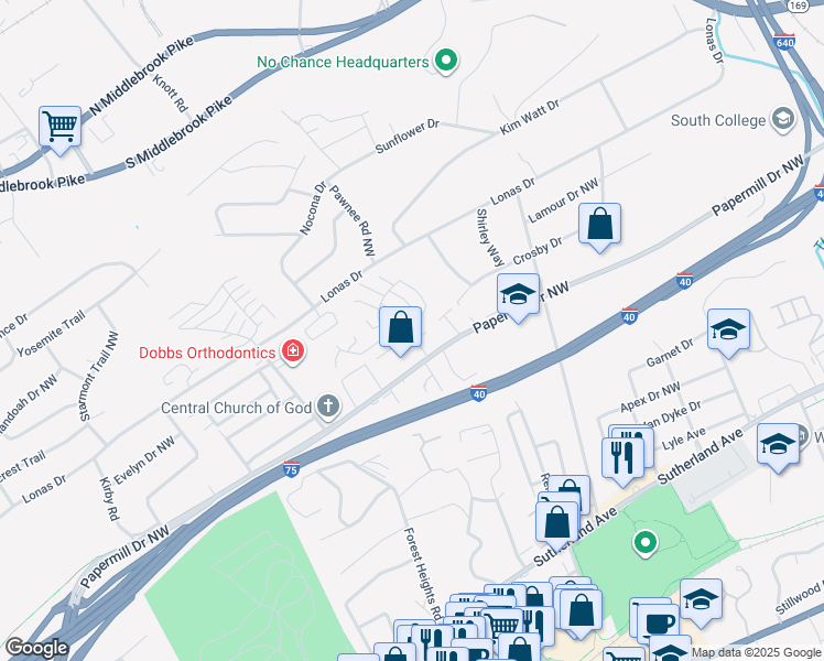 map of restaurants, bars, coffee shops, grocery stores, and more near 1000 Country Oak Circle in Knoxville
