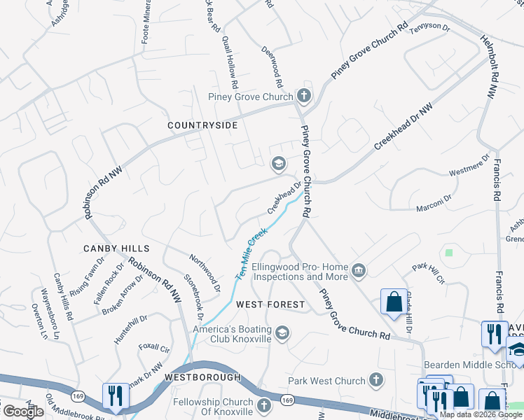 map of restaurants, bars, coffee shops, grocery stores, and more near 6663 Creekhead Drive in Knoxville