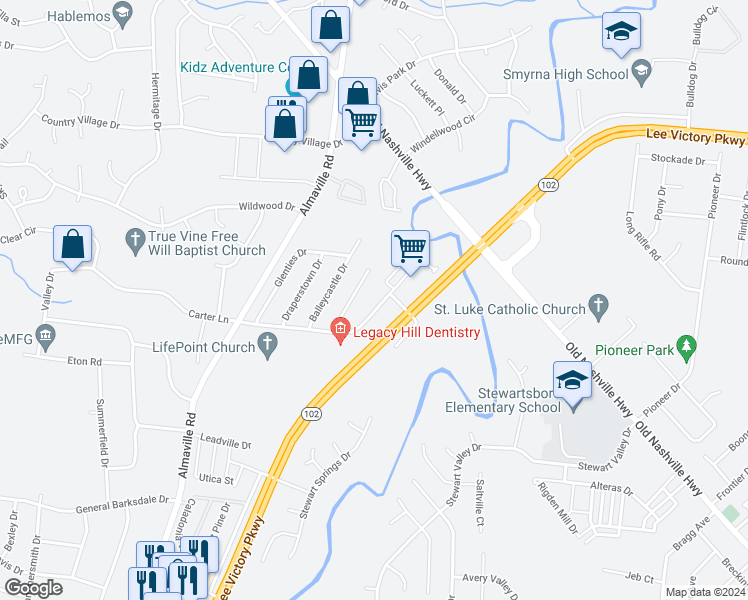 map of restaurants, bars, coffee shops, grocery stores, and more near 696 Legacy Drive in Smyrna
