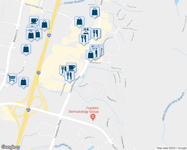 map of restaurants, bars, coffee shops, grocery stores, and more near 10206 Crowne Brook Circle in Franklin