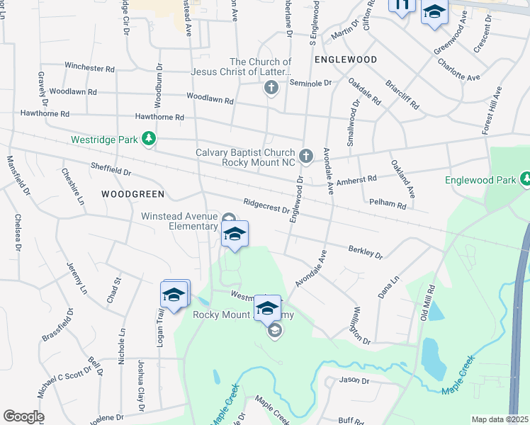 map of restaurants, bars, coffee shops, grocery stores, and more near 3121 Ridgecrest Drive in Rocky Mount