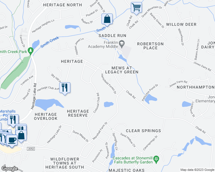 map of restaurants, bars, coffee shops, grocery stores, and more near 1304 Hartsfield Forest Drive in Wake Forest